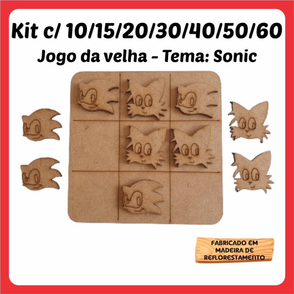 Kits Jogos da velha Sonic Filme Tails em MDF 10cm tabuleiro brinquedo presente lembrancinha kit