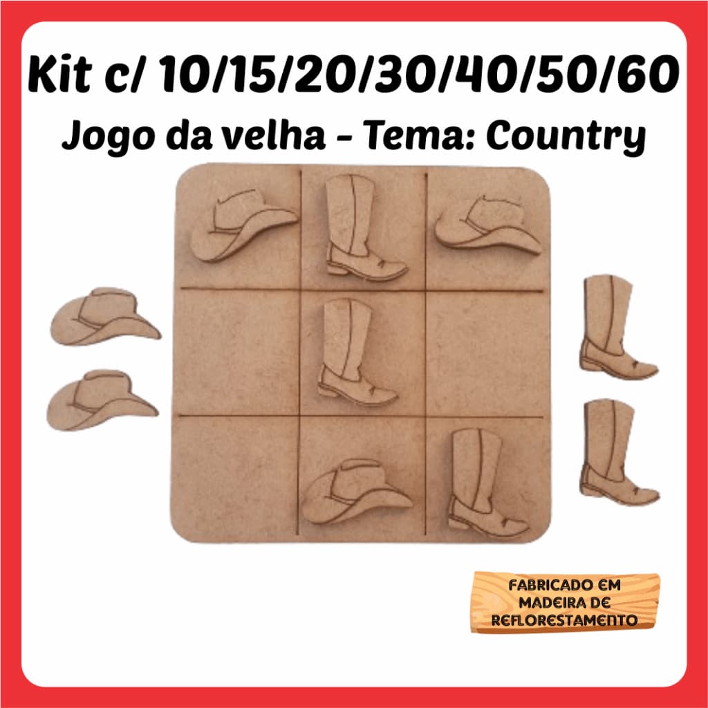 Kits Jogos da velha Country Cowboy Cowgirl Bota Chapeu Sertanejo MDF 10cm brinquedo presente