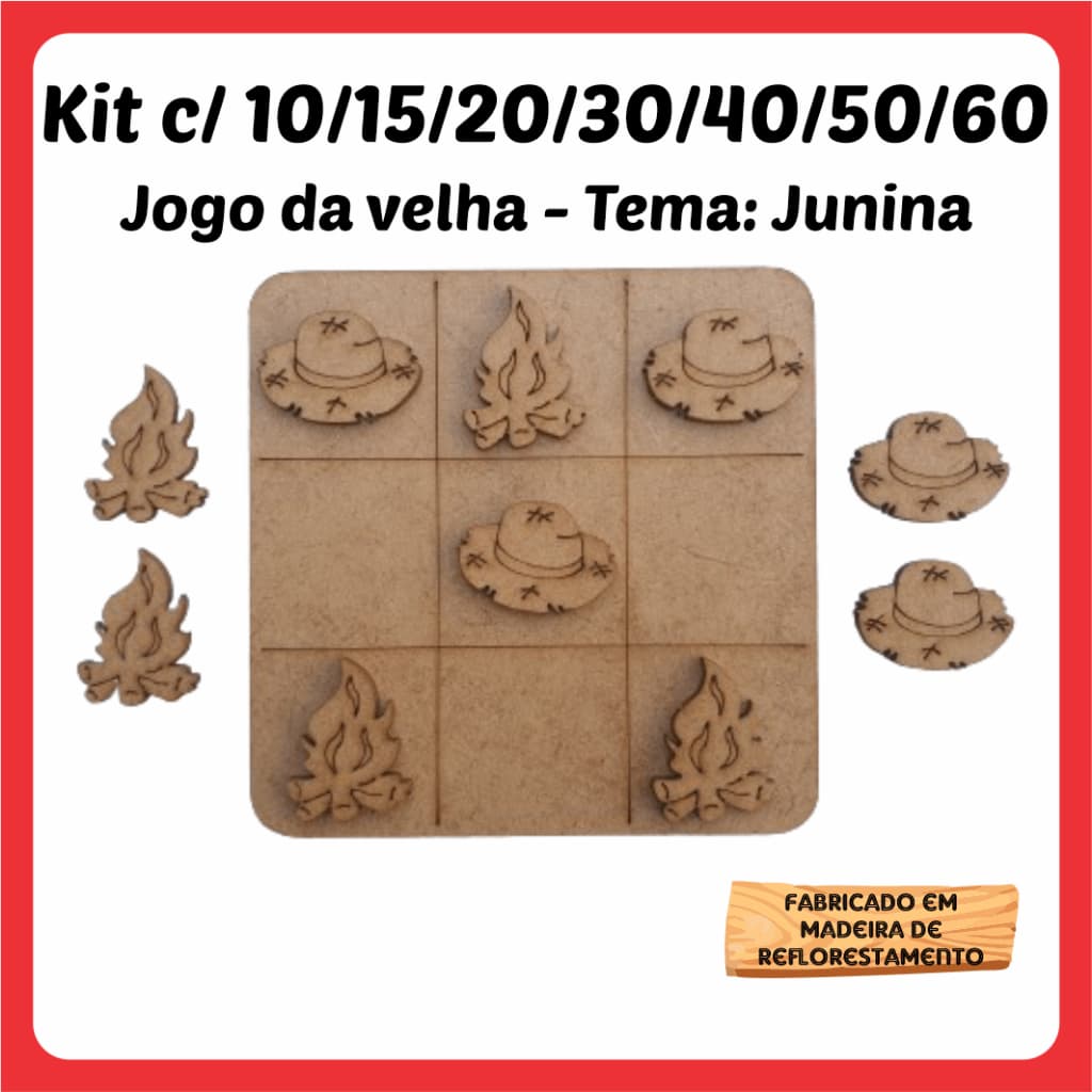 Kits Jogos da velha Festa Junina Chapéu Fogueira Festa Julina MDF 10cm tabuleiro brinquedo presente