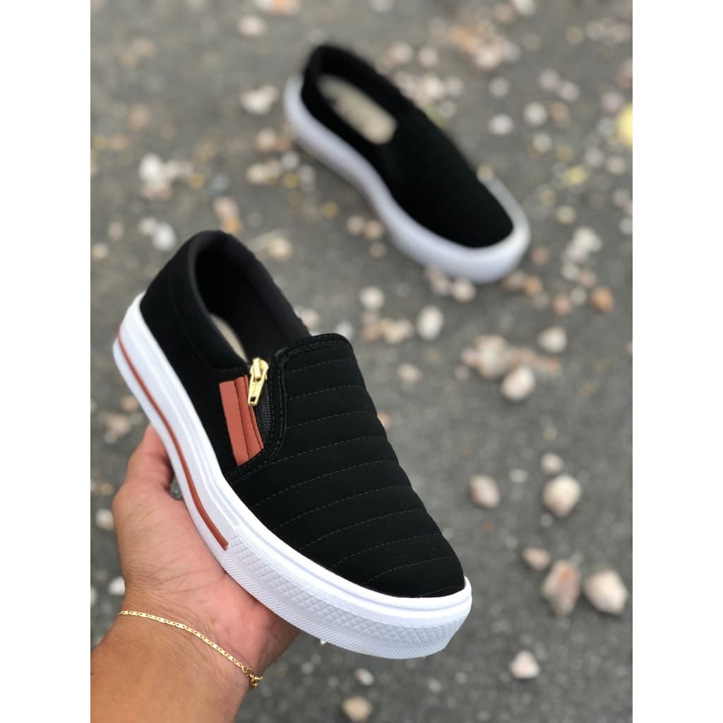 Tênis Sintetico  Sapatênis Sapatilha Feminino Casual Slip On Com Zíper Confortável Envio Imediato