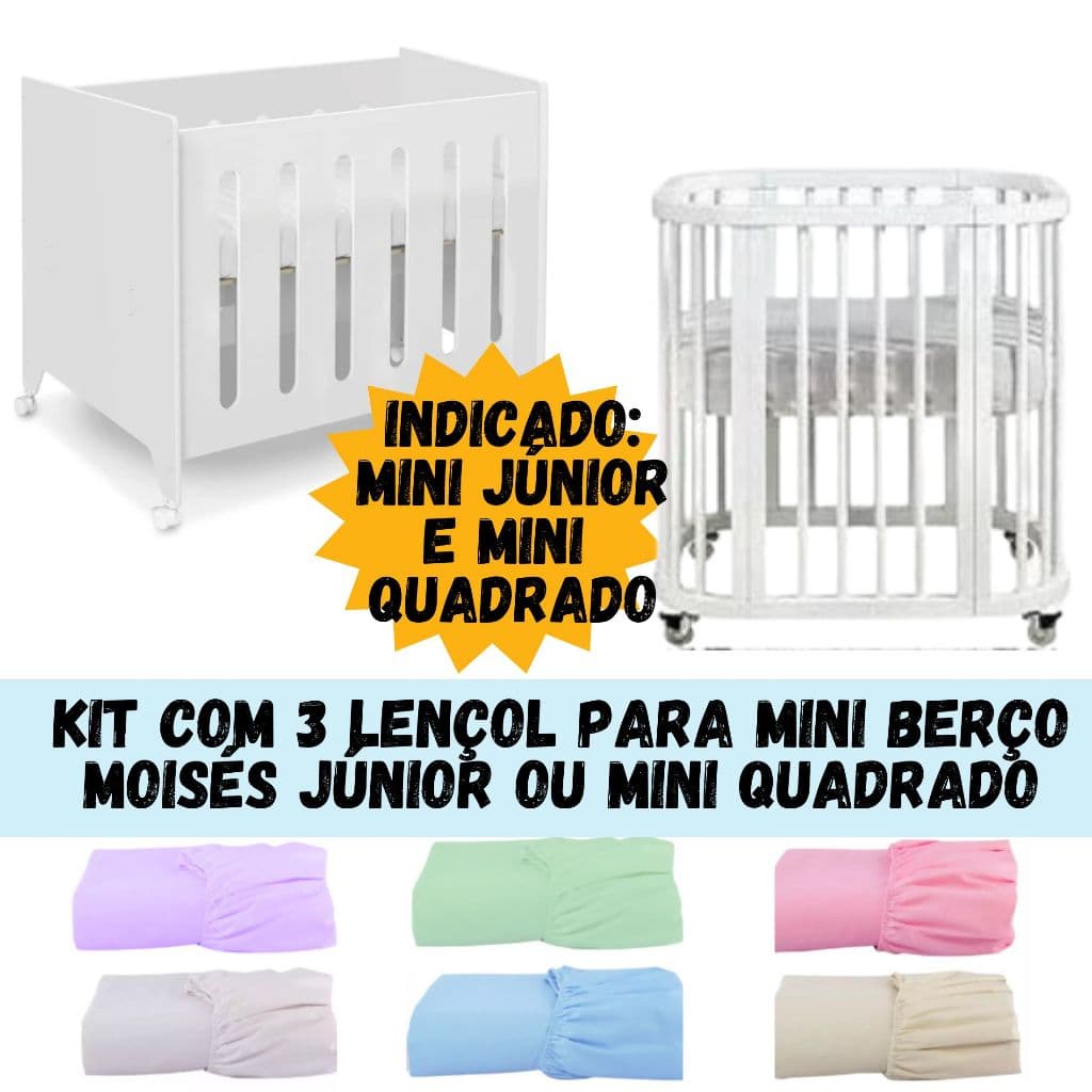 KIT COM 3 LENÇOL PARA MINI BERÇO MOISES JUNIOR OU MINI QUADRADO 100% ALGODÃO