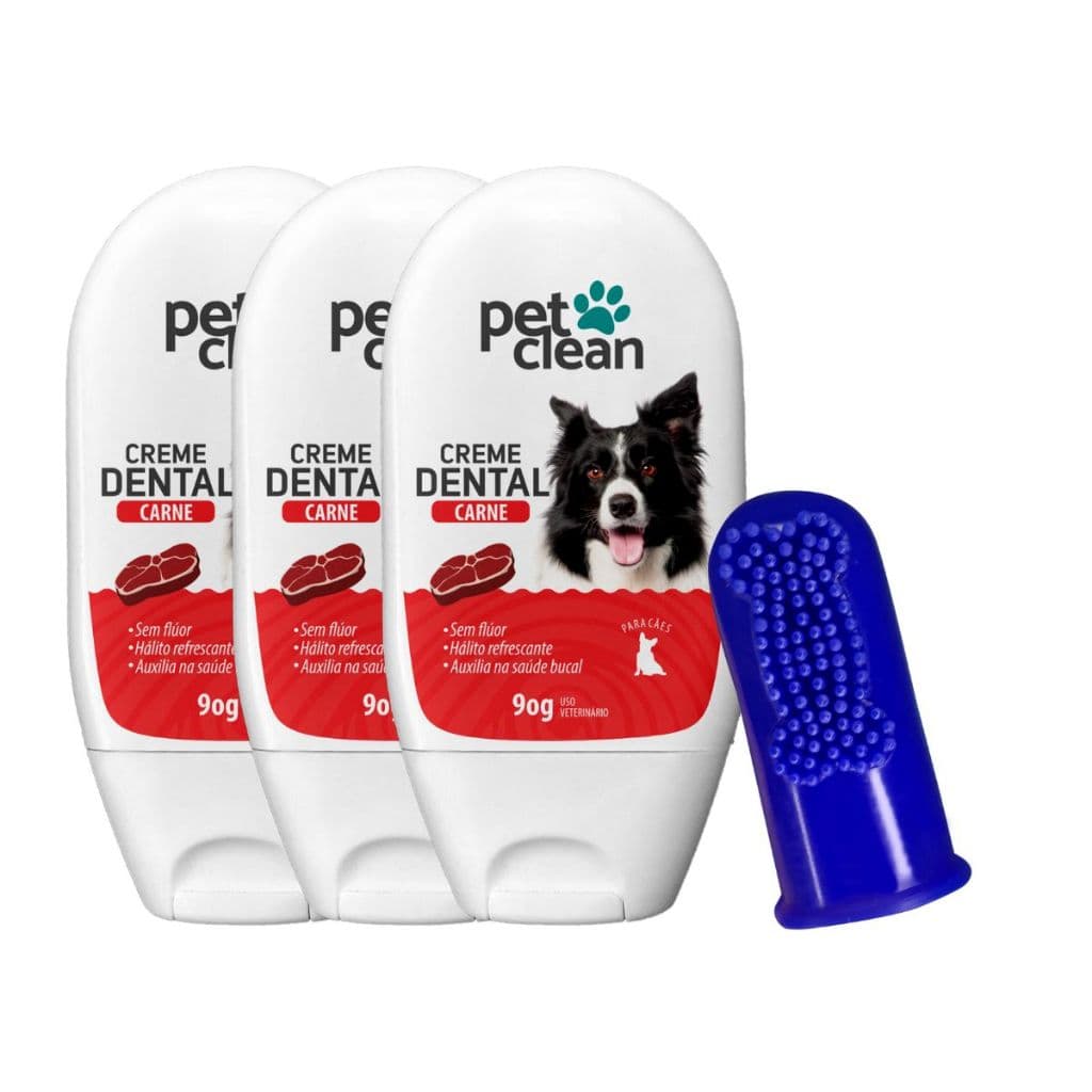 Pet Clean Kit 3 Pasta de Dente sabor Carne para Cães e Gatos acompanha 1 Dedeira Flexível