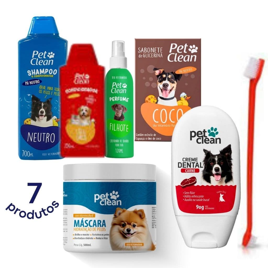 Kit Creme dental + Escova + Shampoo + Condicionador + Perfume + Máscara + Sabonete Pet Clean p Cães