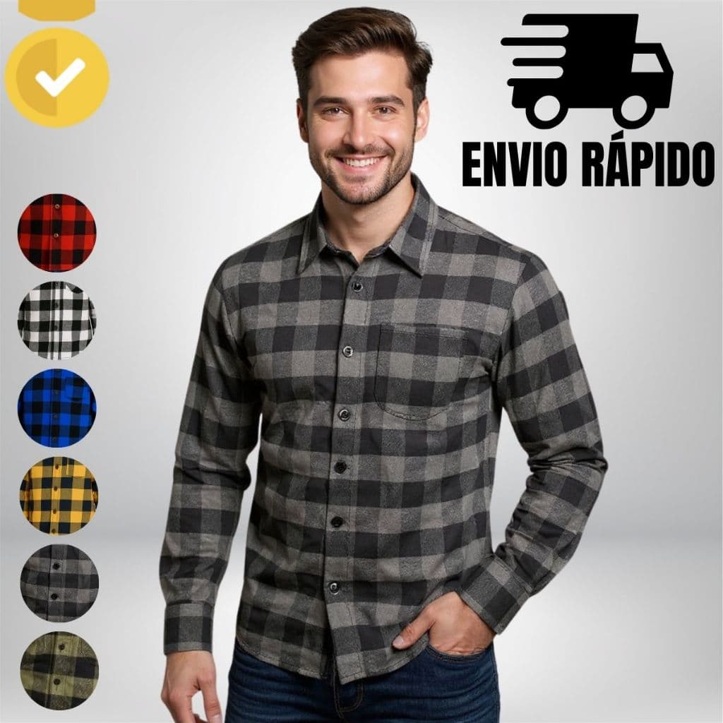 Camisa Xadrez Flanelada Masculina Manga Longa Blusa Masculino Quadriculada Preto Cinza Preta