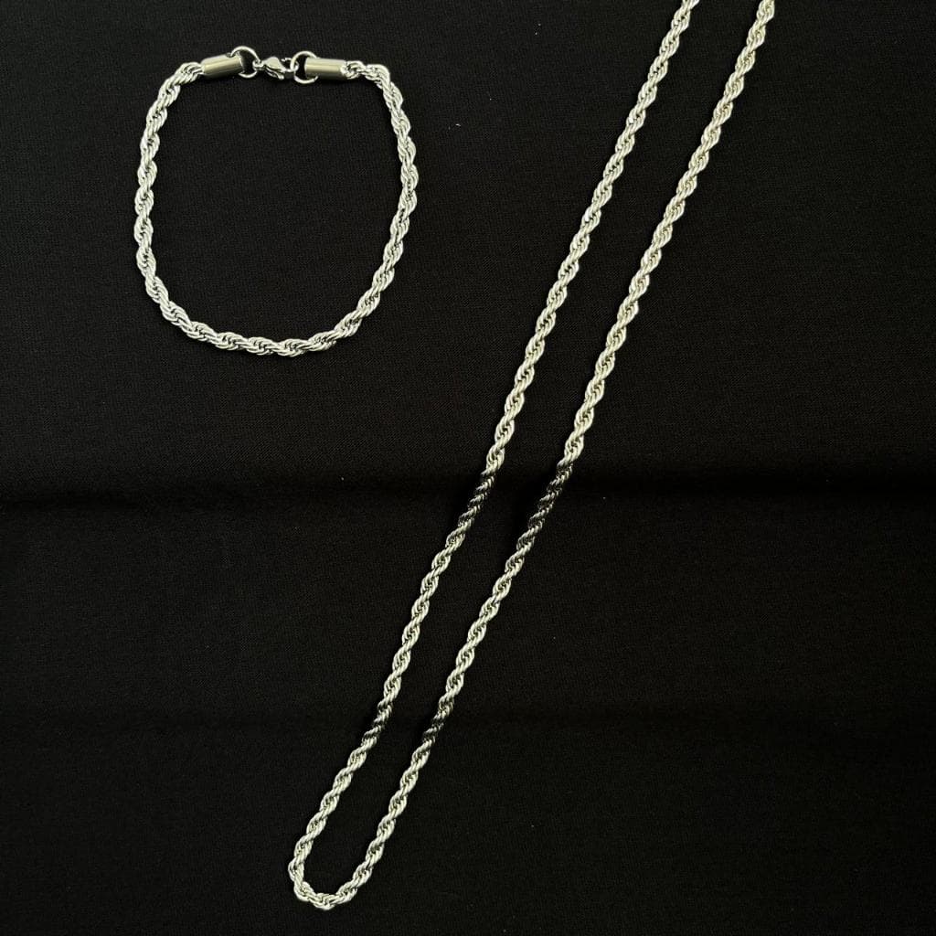 Kit Cordão Baiano Prata com Pulseira em Aço Inox Corrente Baiana Feminino e Masculino