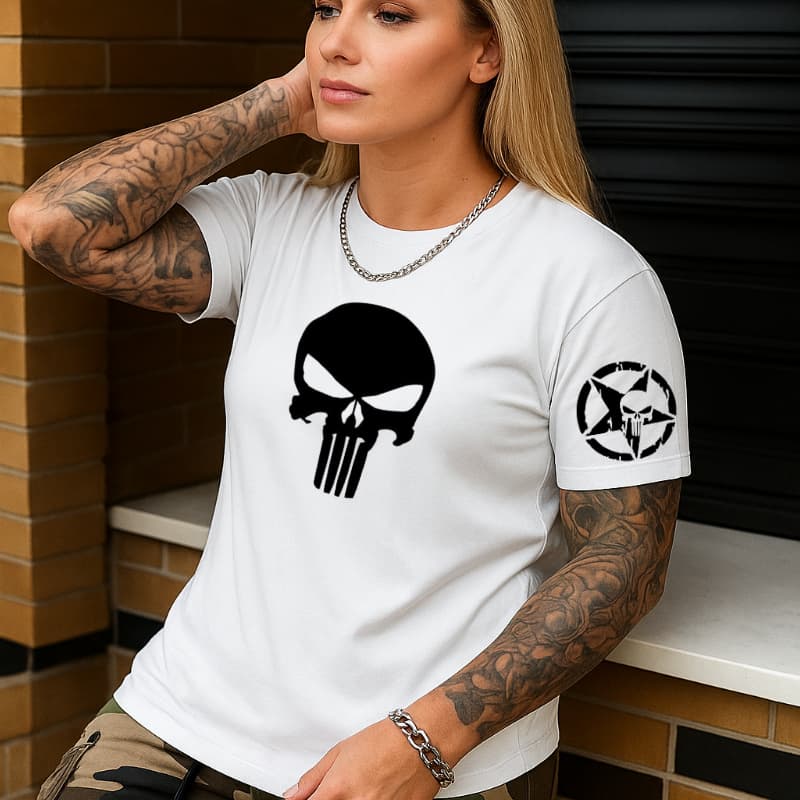 T-shirt camisa camiseta feminina justiceiro com estampa na manga 100% algodão promoção de lançamento