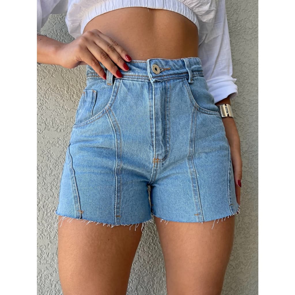 Anaoffice 8379 Short Jeans Feminino  Sem Elástico Botões Zíper Bolsos Reais Estilo Retrô Cintura Alta
