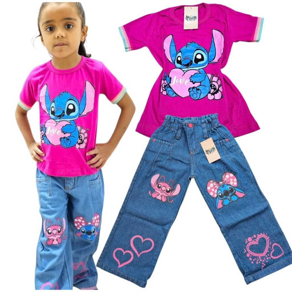 conjunto infantil stitch menina calça jeans Street infantil kit infantil stitch  feminina blusa stitich infantil menina