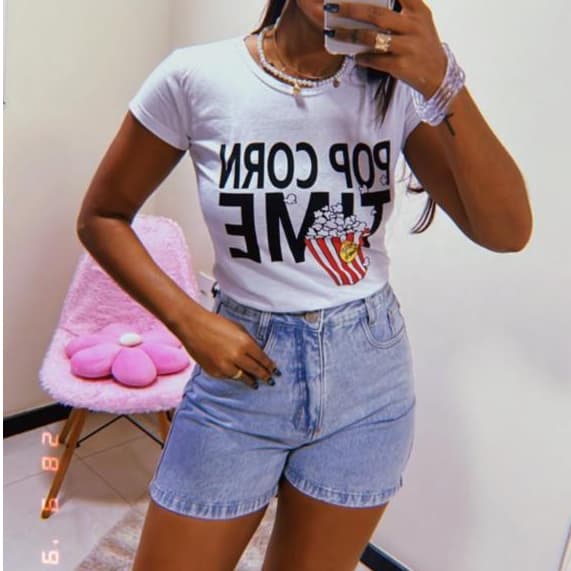 Blusa Blusinha Camiseta TShirt Feminina 100% Algodão Com Estampa POP CORN