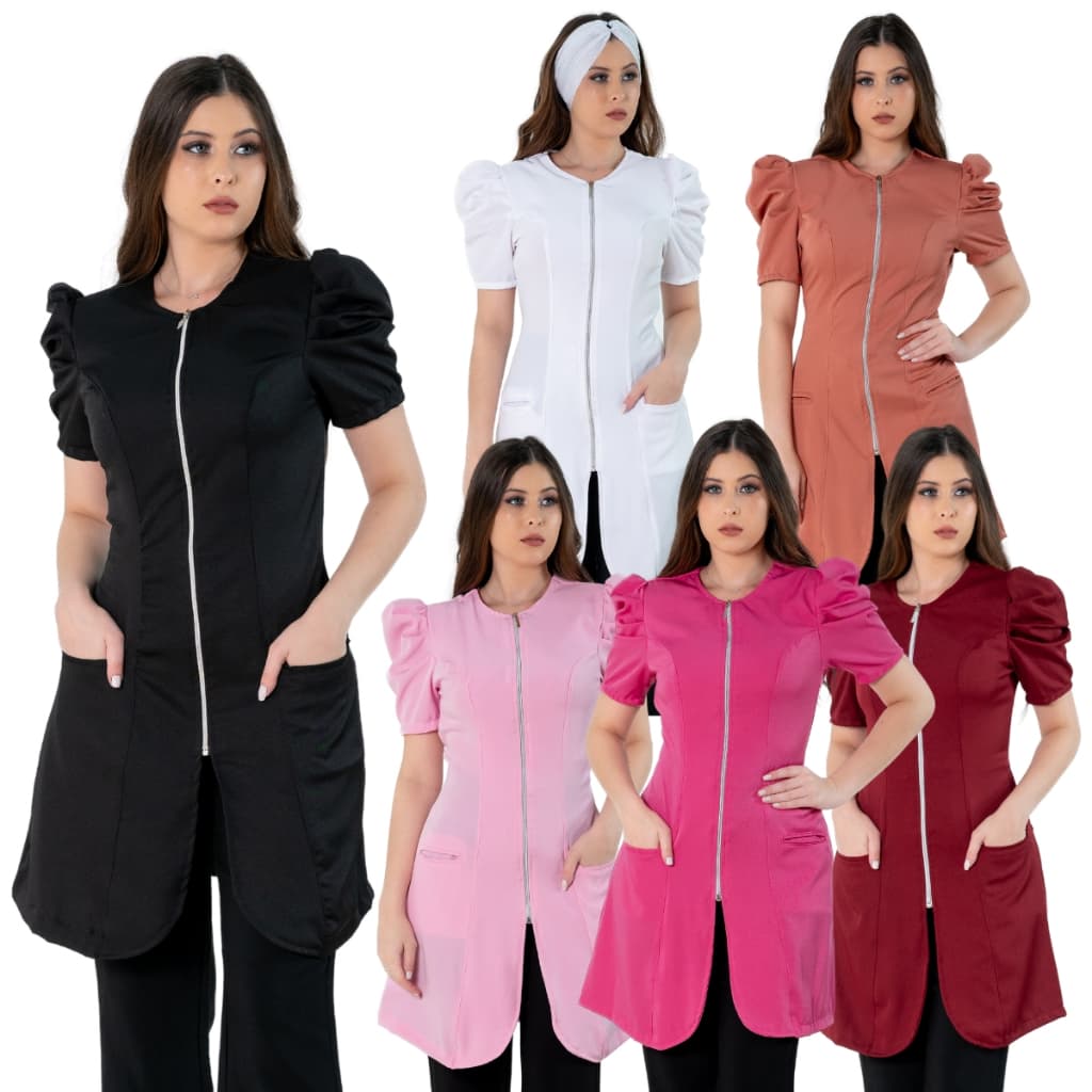 Jaleco Feminino Acinturado Princesa Manga Bufante Curta Tecido Gabardine Two Way Com Elastano