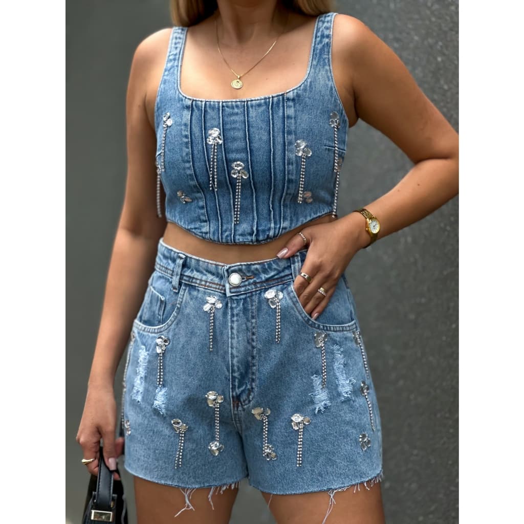 Maisbonitomoda 8330 conjunto jeans feminina com brilho sem cinto p38 m40 g42