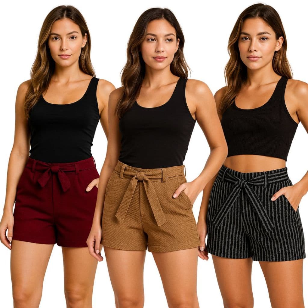 kit 2 Shorts Colmeia Listrado Liso Feminino Com Cinto