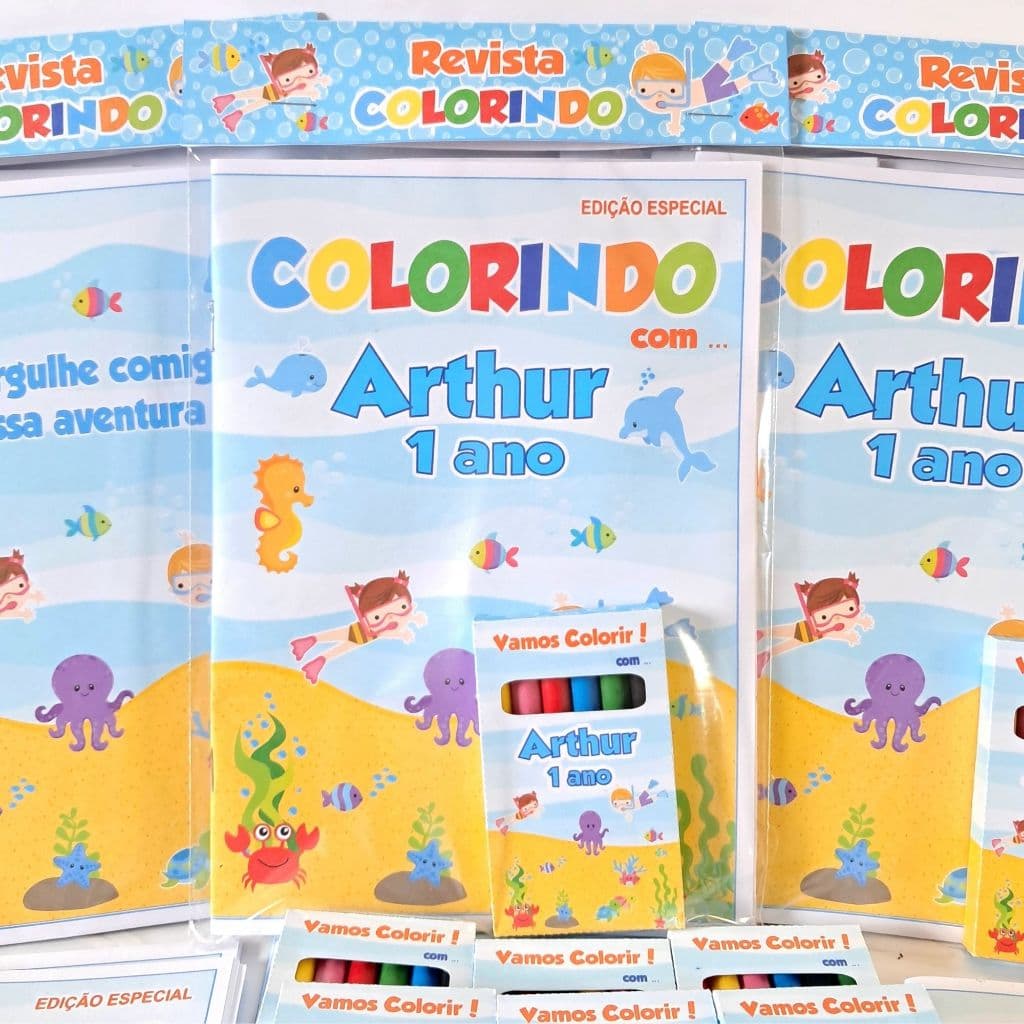 Kit de Colorir Fundo do mar | Livrinho de colorir Personalizado/Livro de colorir/kit de colorir com giz de cera