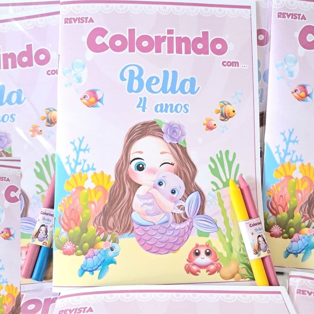 Kit Colorir Fundo do Mar Menina | Livrinho Personalizado com Giz | Lembrancinha Festa Infantil