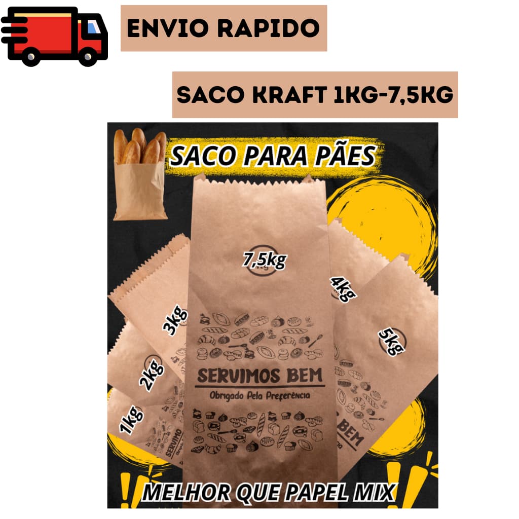 Saco Kraft para Pães - Tamanhos 1,2kg, 1kg, 2kg, 3kg, 4kg, 5kg e 7,5kg Para Padaria, Para Viagem
