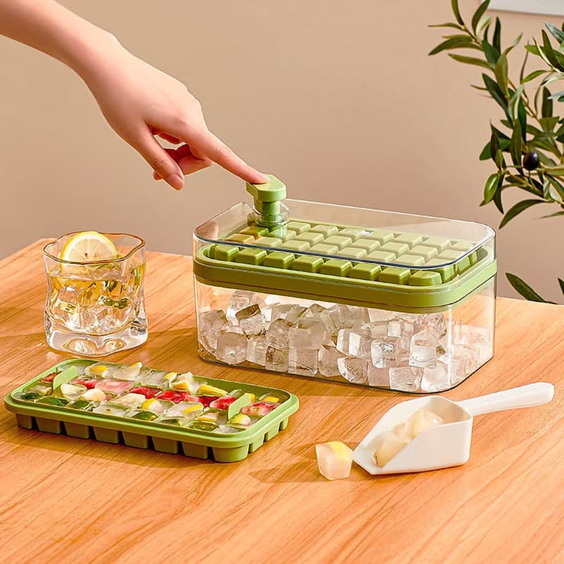 Forma de Gelo Silicone Molde com Tampa e Dispenser Caixa Dupla Prática