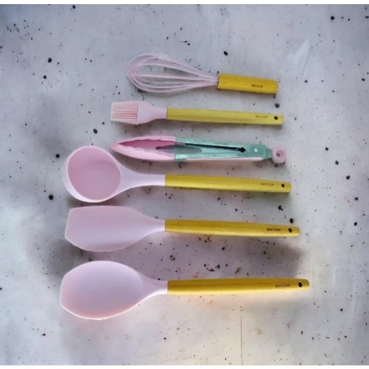 KIT Conjunto De Utensílios 7 Peças - Rosa (Silicone - Madeira)