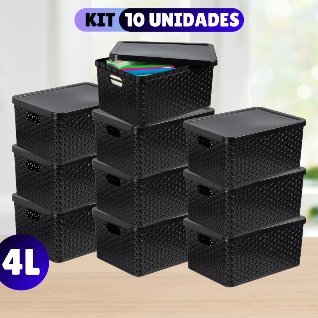Kit Com 10 Cesto Caixa Organizadora Rattan Com Tampa  4 Litros Preto