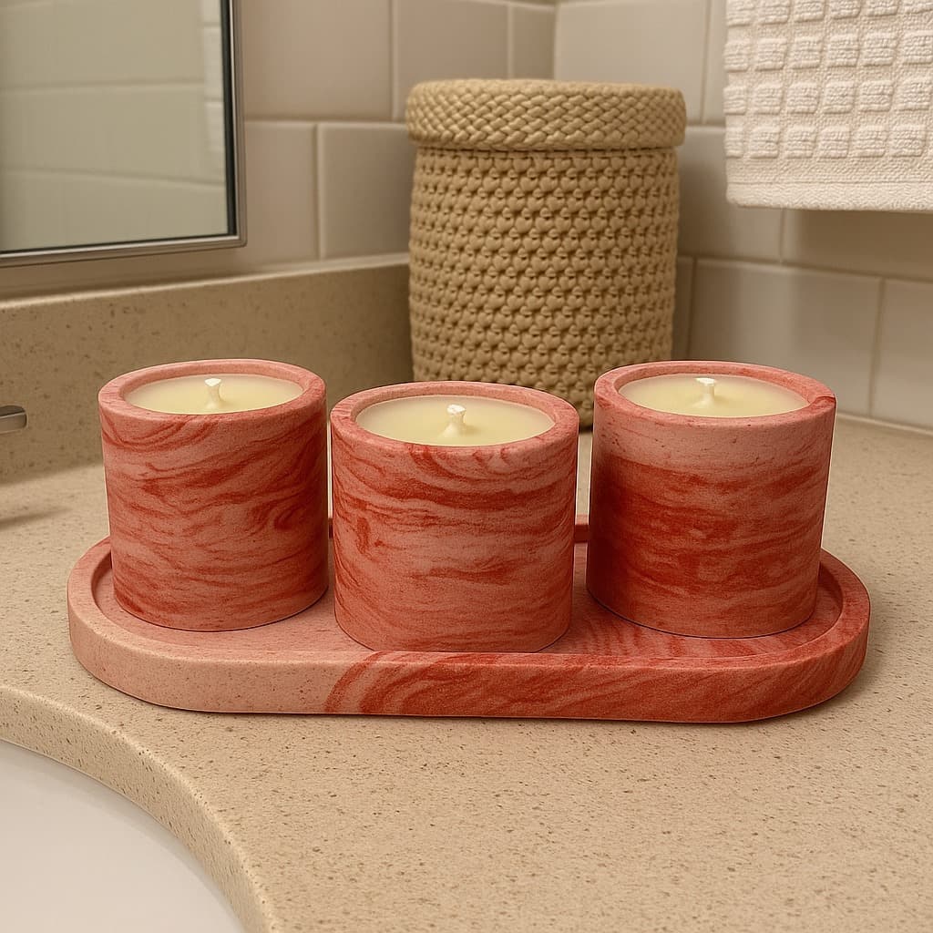 Velas aromaticas artesanais + Bandeja Decorativa Marmorizada - Kit Vermelho