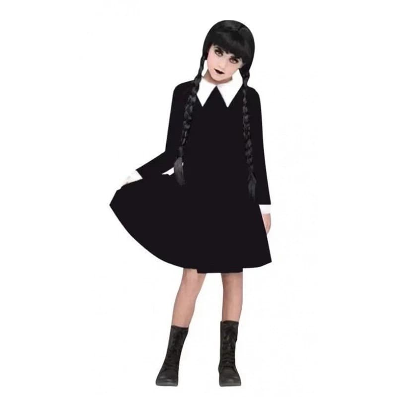 Fantasia Vandinha Clássica Família Addams com Peruca  Festa Halloween Cosplay Wandinha