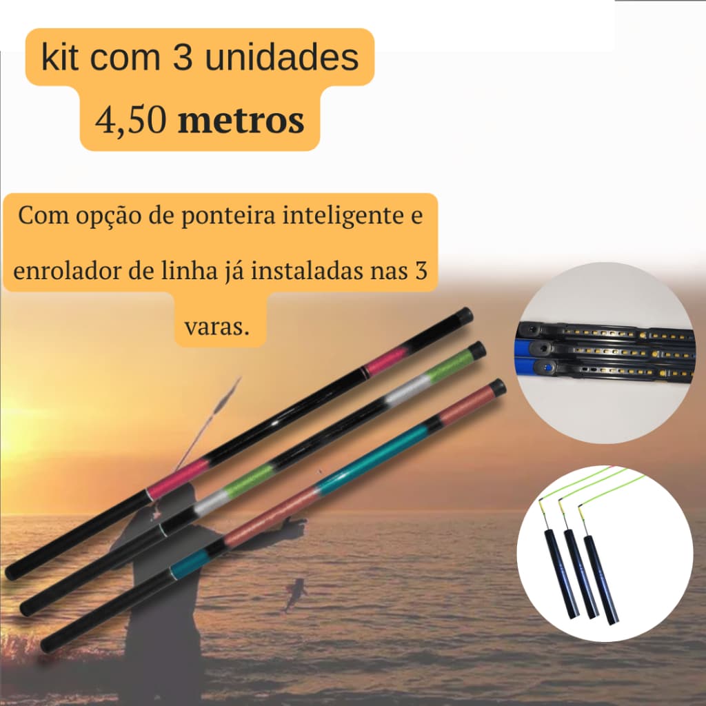 Kit 3 Varas de Pesca Telescópia (4,50 m), 40% Carbono