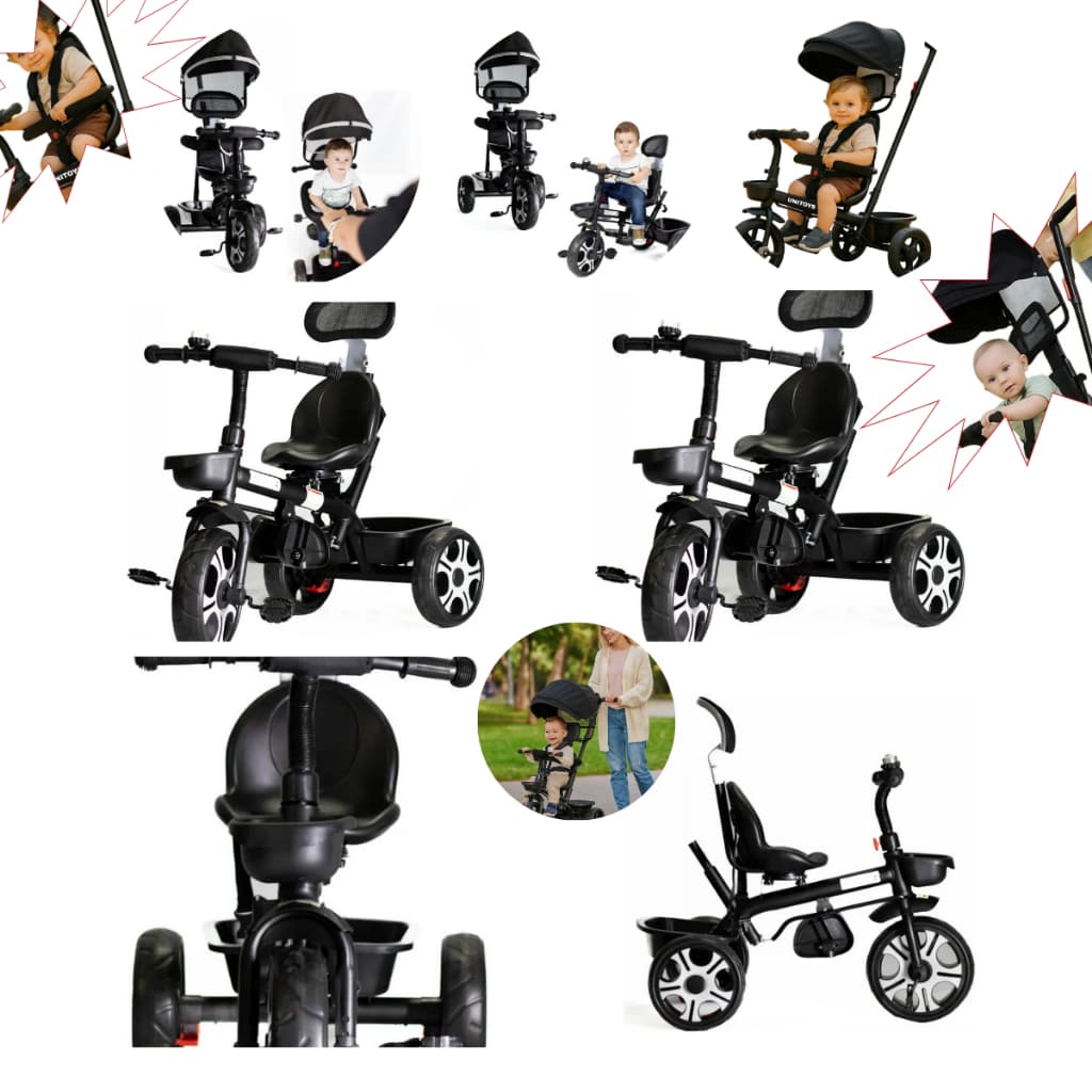 Triciclo Infantil Com Empurrador Confort Preto | Seguro e Estiloso | Passeio Fácil para Crianças 1+