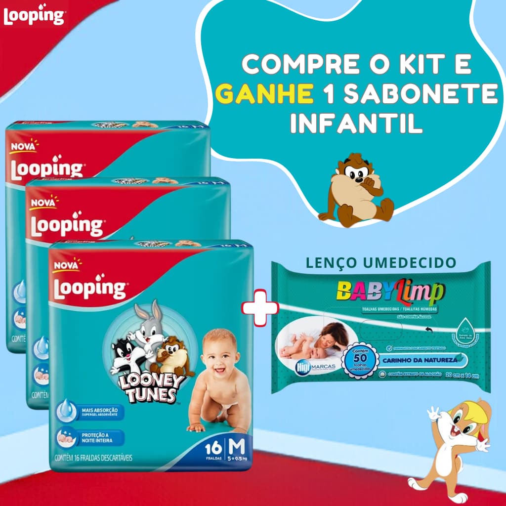 3 Pacote Fralda Descartavel Looney Tunes + Lenço Umedecido Infantil