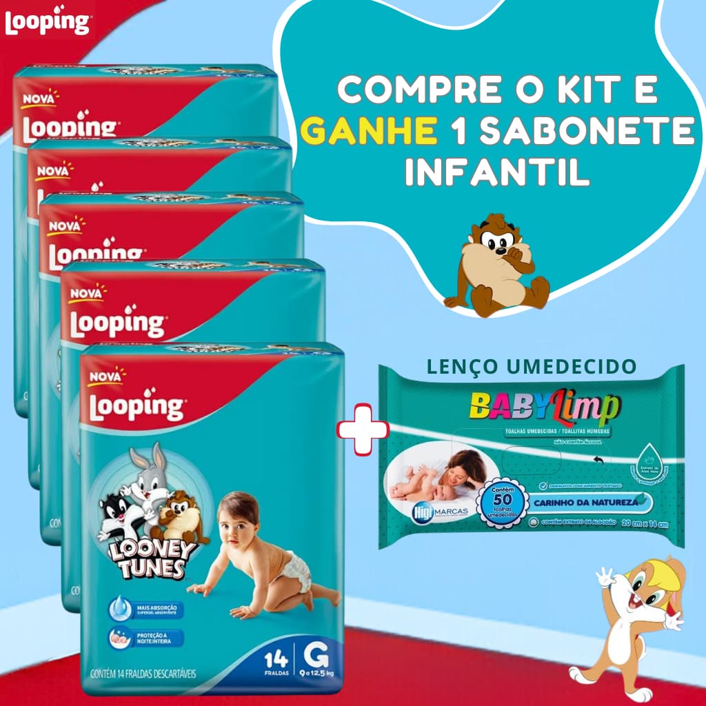 5 Pacotes de Fralda Looney Tunes Baby + Lenço Umedecido Bebê