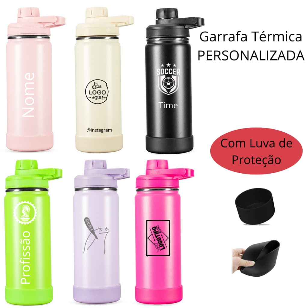 Garrafa TÉRMICA PERSONALIZADA 550ML com Protetor de Silicone, times nome presentes luxo famosa filho filha home office