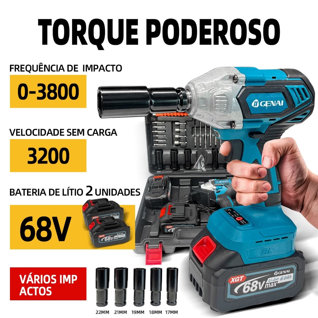 Furadeira de impacto portátil sem escova furadeira de fenda, 68 V com 2 baterias