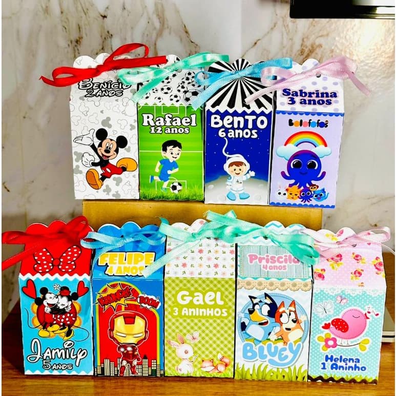 Caixa Milk em papel fotográfico 180g com fita de cetim lembrancinha para festa fazemos qualquer tema