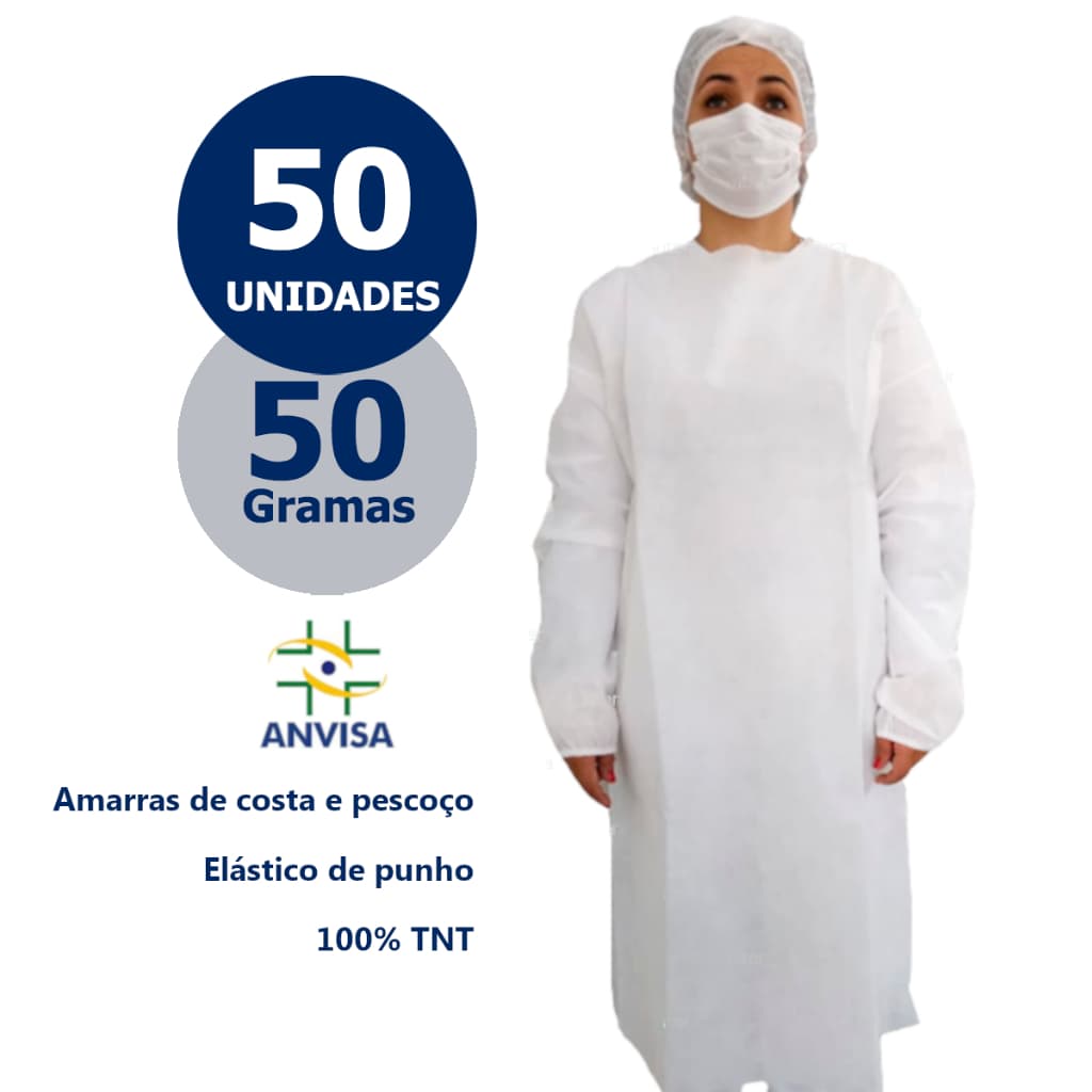 Avental Descartável 50g Kit 50 Un Manga Longa Jaleco Capote TNT Gramatura Não Estéril Migra