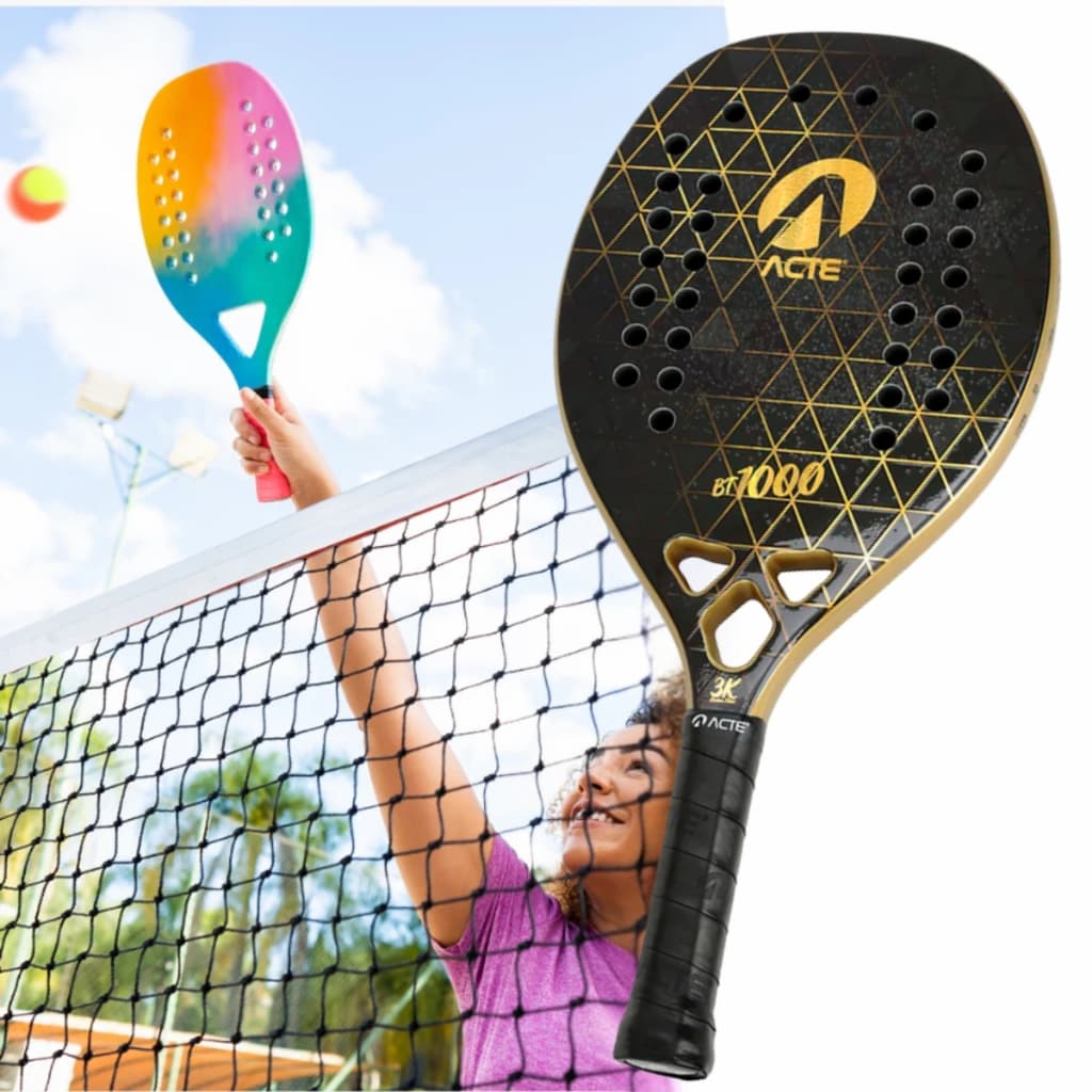 Raquete Beach Tennis Profissional 100% Carbono 3K 50cm Preto Dourado Emborrachado Bt1000 Acte Sports