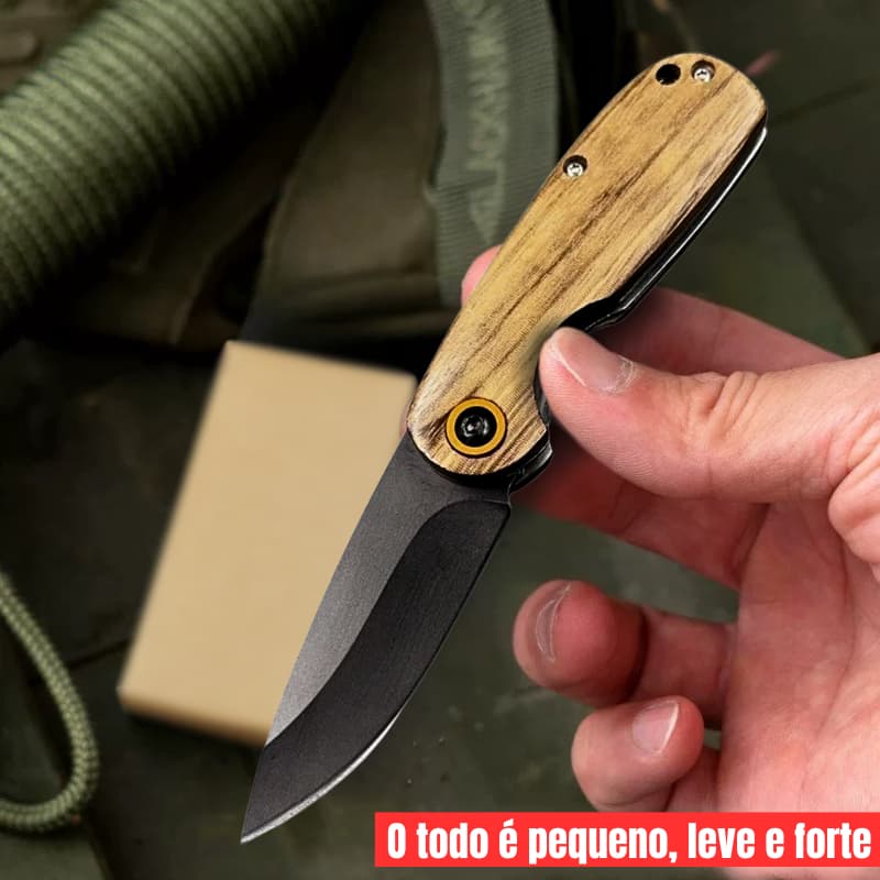Mini Canivete Preto Manual 15,5cm lamina preta Cabo Madeira C/Clip