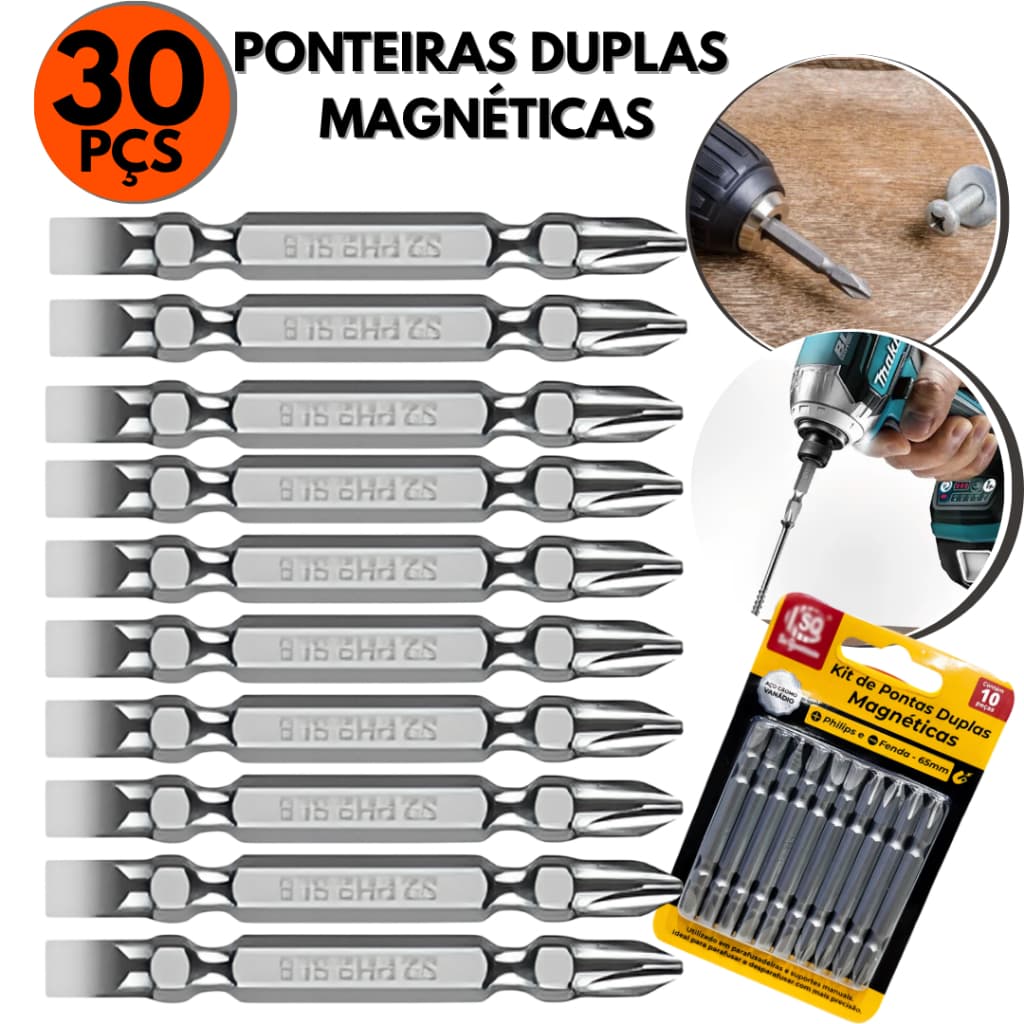 Kit 30 Ponteira Parafusadeira Fenda e Filipes, Ponteira Dupla Magnética | 3 Cartelas Aço Cromo Vanádio