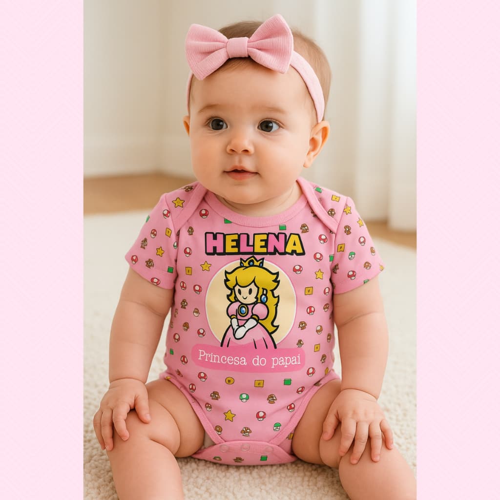 Body bebê personalizado com nome personagens videogame princesa mário