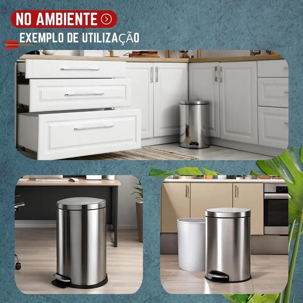 Lixeira Redonda 3,5,8,12 Litros Lixo Aço Inox Cesto Removível Alça Pedal Banheiro Cozinha Fraldas