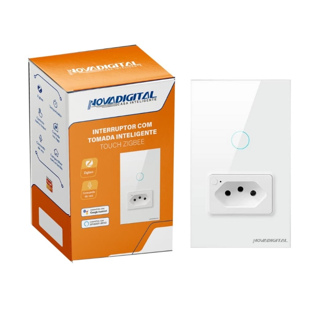 Interruptor Zigbee Inteligente Novadigital 1 Tecla Touch Com Tomada 10/20A