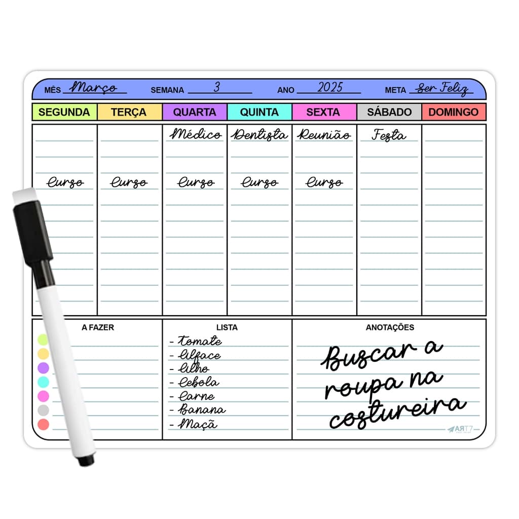 Planner Semanal Magnético de Geladeira com Caneta Apagável Porta Recados e Tarefas