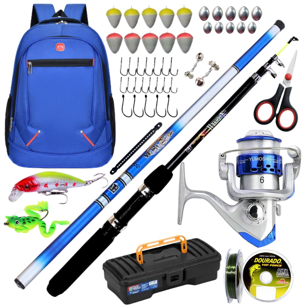 Molinete de Pesca com Vara de Mão Mochila Isca Artificial Anzol Kit Pescar Tucunare Tilapia Traira