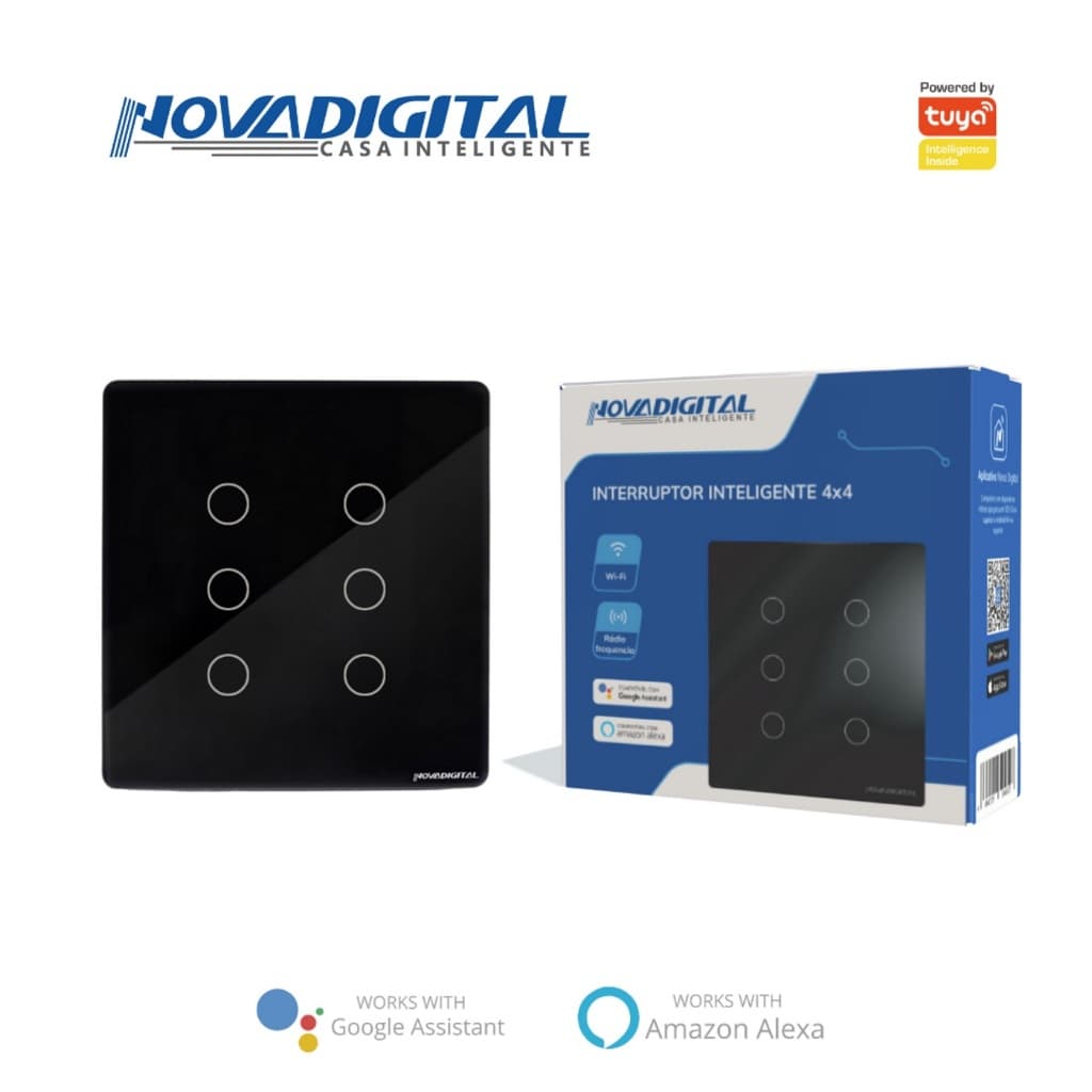 Interruptor Inteligente Nova Digital Touch 6 Teclas Wifi E Rf433 Alexa e Google - Preto