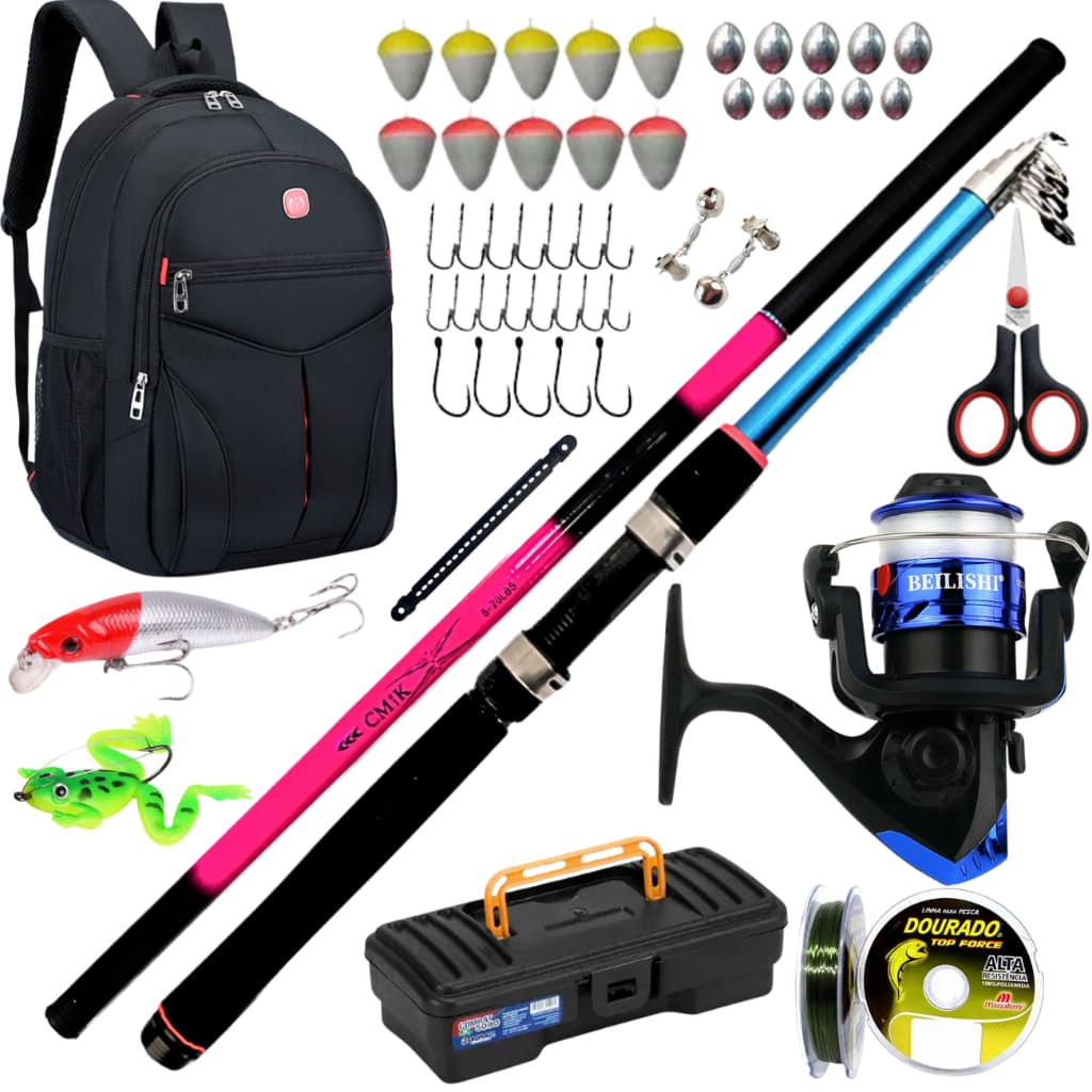 Kit Molinete de Pesca com Vara Telescópica de Mão Mochila Isca Artificial Anzol Pescar Traira Robalo