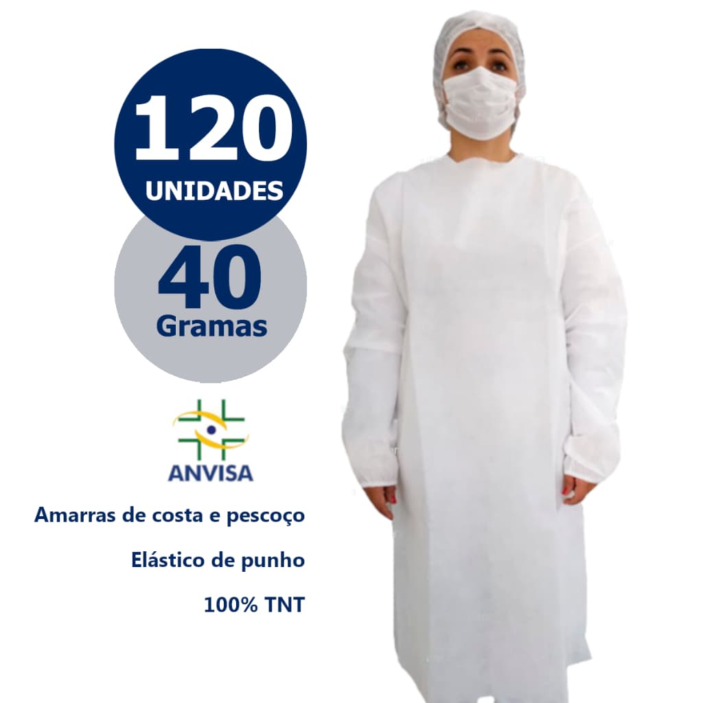 Avental Descartável 40g Kit 120 Un Manga Longa Jaleco Capote TNT Gramatura Não Estéril Migra