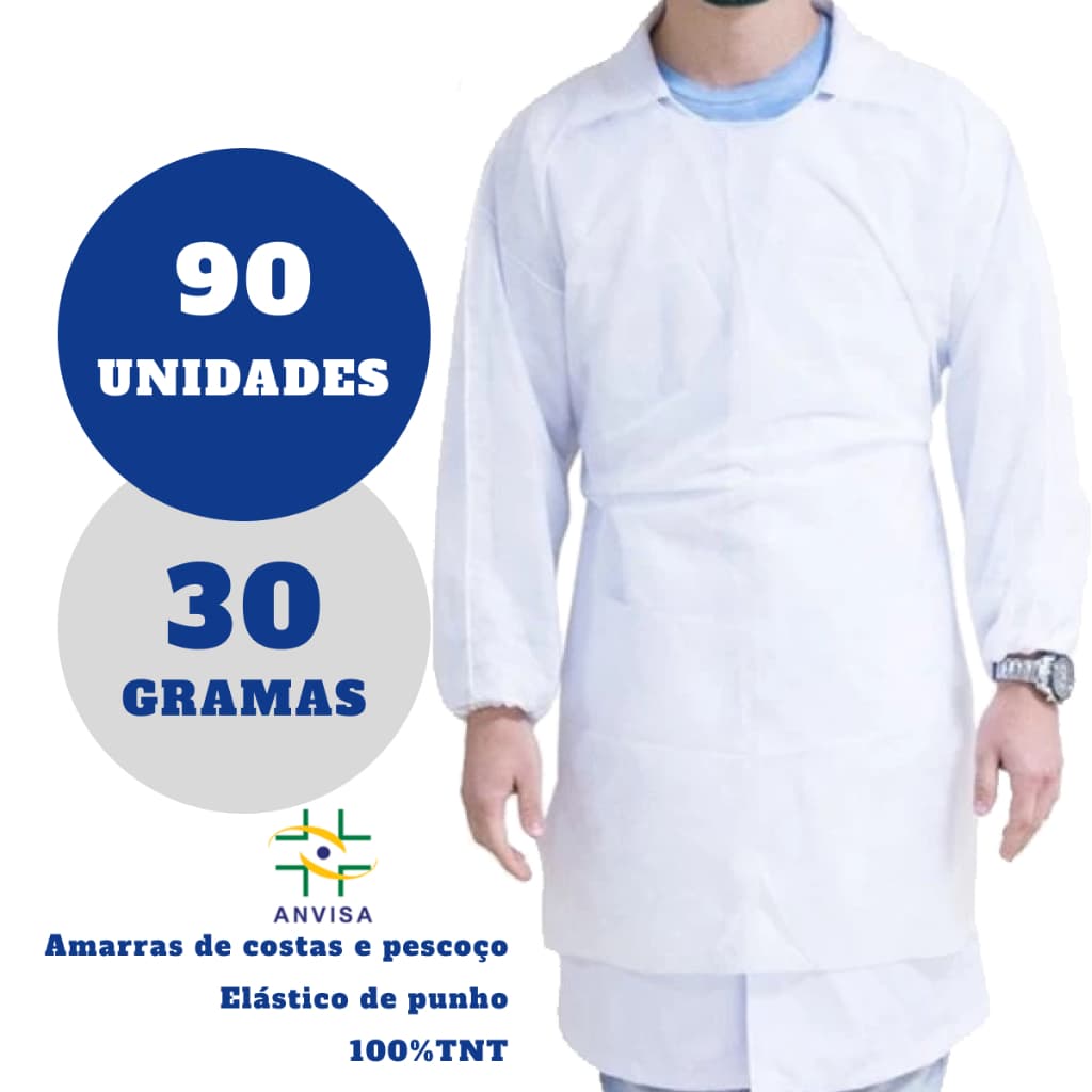 Avental Descartável 30g Kit 90 Un Manga Longa Jaleco Capote TNT Gramatura Não Estéril Migra