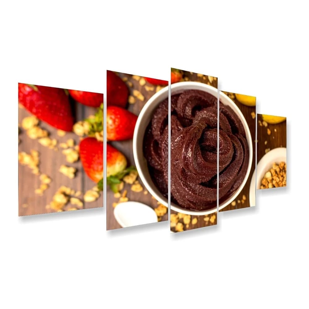 Quadro Decorativo Mosaico 5 Peças Açaí Gourmet Fruta Doce Morango Sobremesa