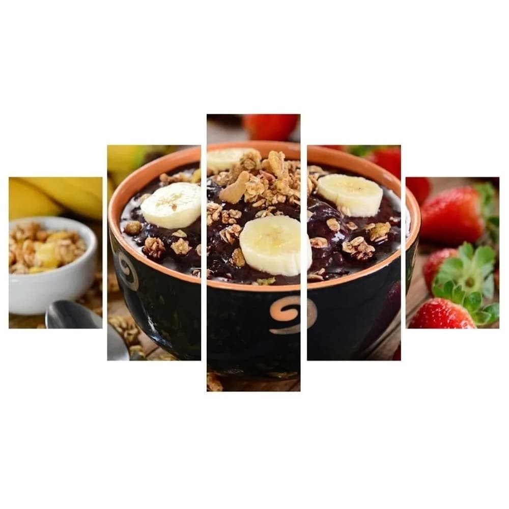 Quadro Decorativo Mosaico 5 Peças Tigela de Açaí Fruto Sobremesa Doce Açaiteria