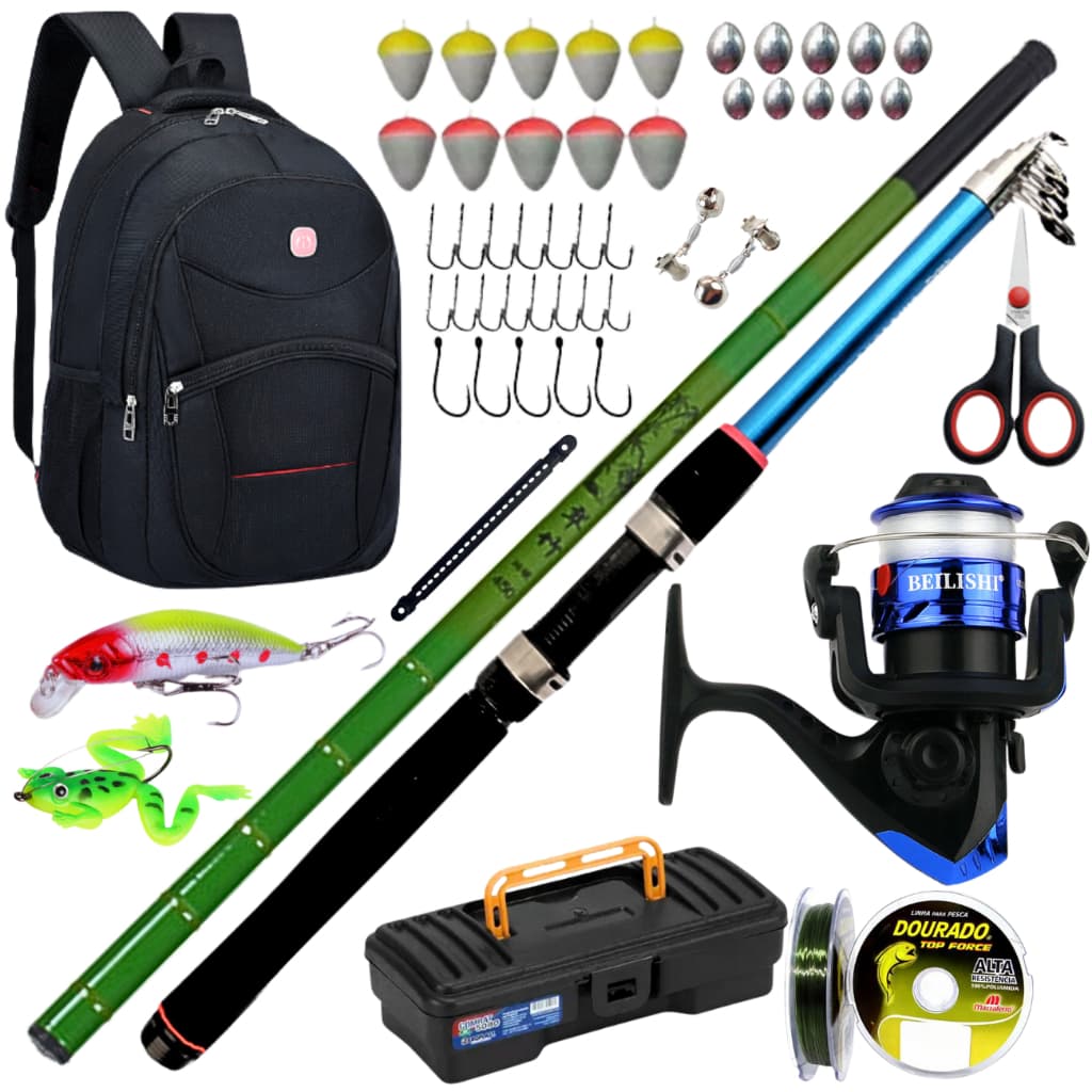 Kit Molinete de Pesca com Vara Telescópica Mão Mochila Isca Artificial Anzol Pescar Robalo Tucunare