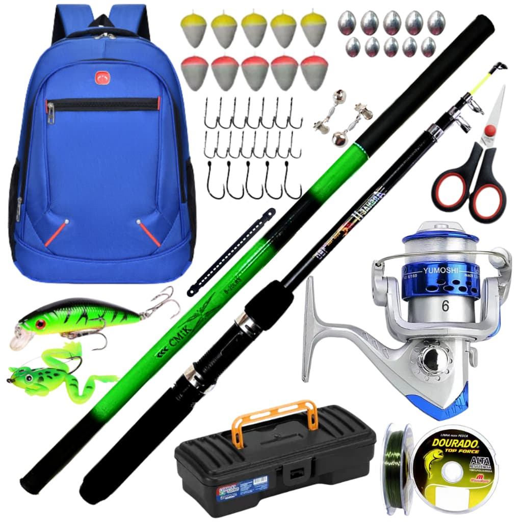 Kit Molinete de Pesca com Vara Telescópica Mão Mochila Isca Artificial Anzol Pescar Traira Tilapia