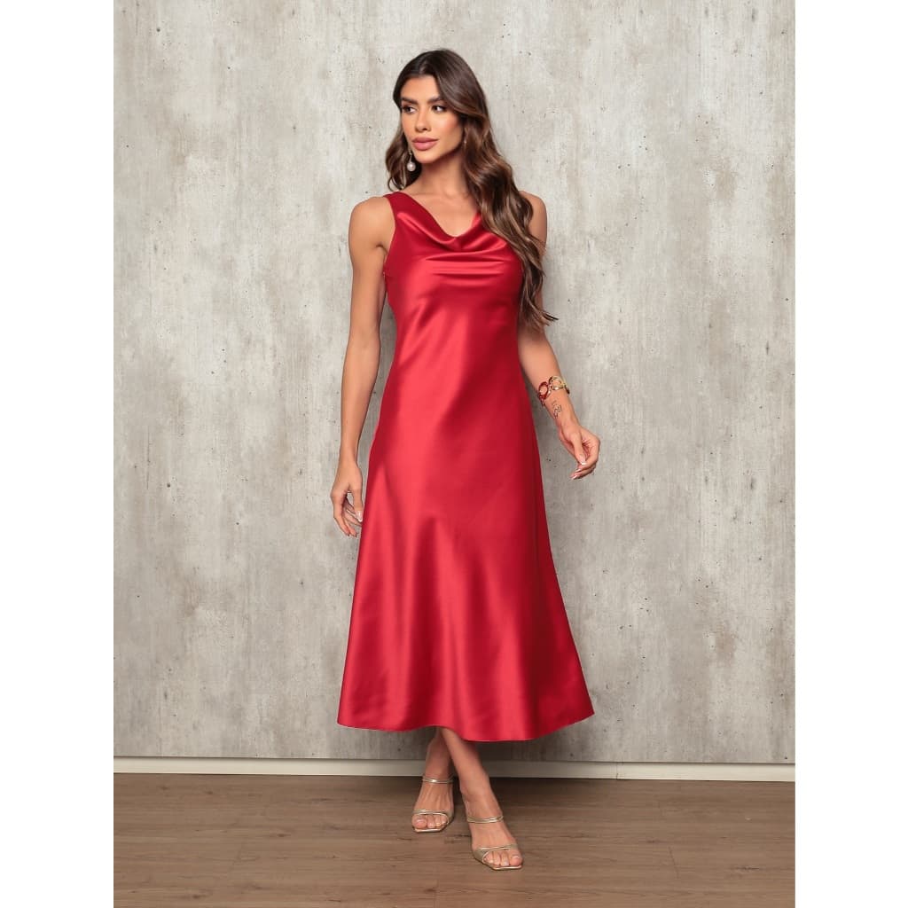 Vestido Midi feminino Gola boba tecido crepe amanda
