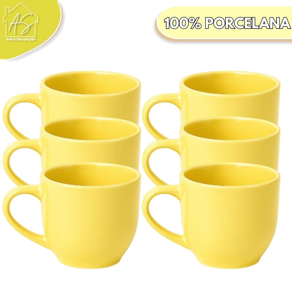 Jogo 6 Xicara Café Chá Porcelana 170ml > Cor Amarela